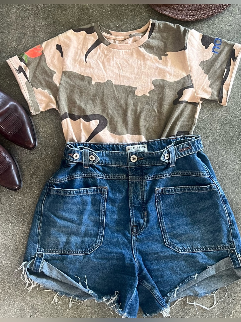 Cream and Brown Camo & Roses women’s t-shirt